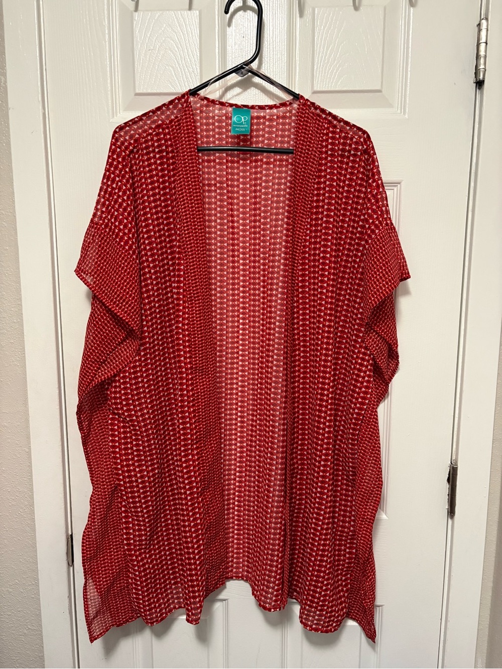 *OP(Ocean Pacific) Red Geometric Print Medium Open Front Kimono Swim Cover Up